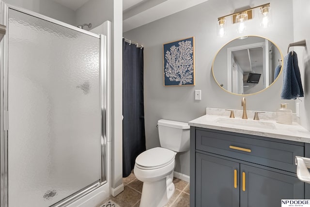 15921 Lake St, Omaha, NE 68116 - bathroom featuring a shower stall, vanity, toilet, and tile patterned flooring