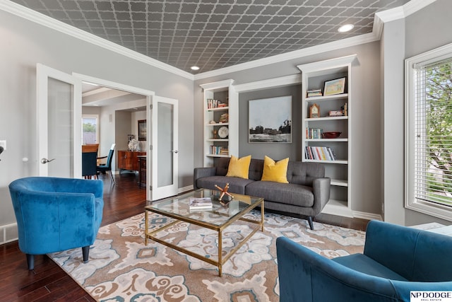 15921 Lake St, Omaha, NE 68116 - living room with wood finished floors, ornamental molding, baseboards, built in shelves, and recessed lighting