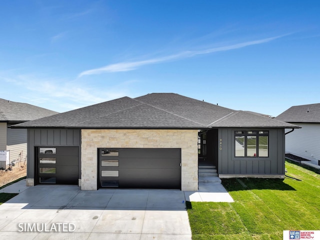 9350 S 86th St, Lincoln, NE 68526 - view of front of property featuring board and batten siding, roof with shingles, an attached garage, and stone siding