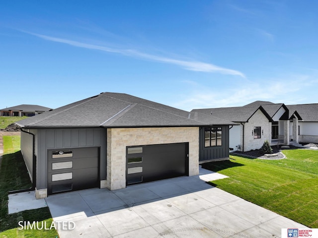 9350 S 86th St, Lincoln, NE 68526 - view of front of home featuring roof with shingles, an attached garage, concrete driveway, a front lawn, and board and batten siding