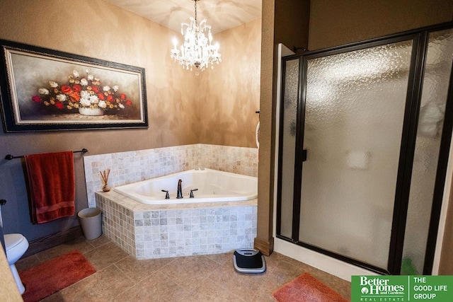 3860 Shady Bend Rd, Grand Island, NE 68801 - full bath with a shower stall, a bath, toilet, a chandelier, and tile patterned flooring