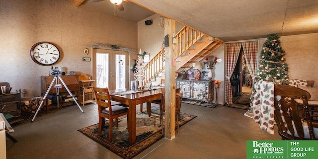 3860 Shady Bend Rd, Grand Island, NE 68801 - dining room featuring stairway, ceiling fan, french doors, and vaulted ceiling