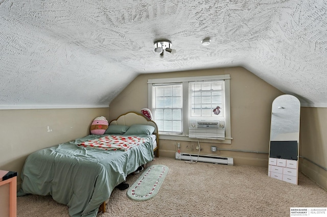 115 N 38th Ave, Omaha, NE 68131 - bedroom with a baseboard heating unit, a textured ceiling, lofted ceiling, and carpet