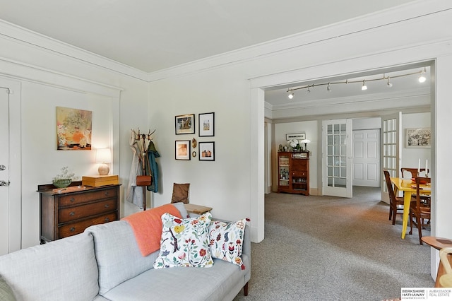 115 N 38th Ave, Omaha, NE 68131 - living room featuring ornamental molding, carpet, track lighting, and french doors