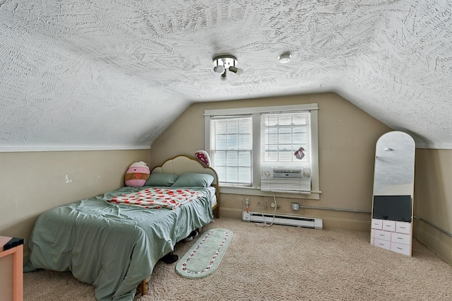 121 N 38th Ave, Omaha, NE 68131 - carpeted bedroom featuring a baseboard radiator, a textured ceiling, and lofted ceiling