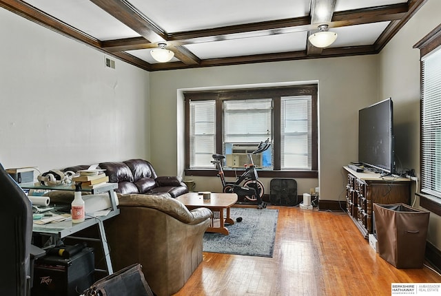 121 N 38th Ave, Omaha, NE 68131 - living room featuring cooling unit, light wood-type flooring, coffered ceiling, and beamed ceiling