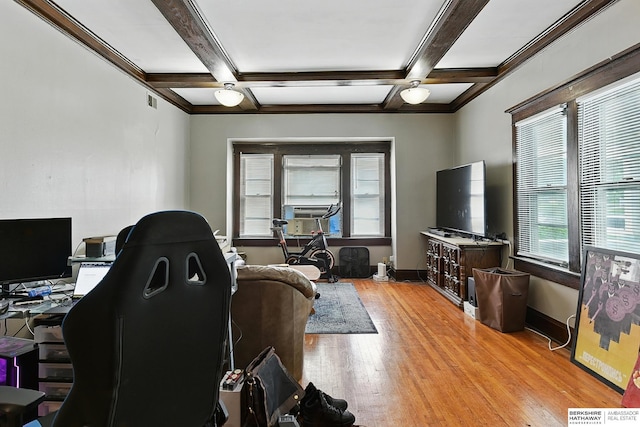 121 N 38th Ave, Omaha, NE 68131 - home office featuring cooling unit, light wood-style flooring, coffered ceiling, and beam ceiling