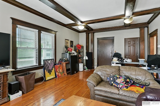 121 N 38th Ave, Omaha, NE 68131 - living area featuring coffered ceiling, wood finished floors, and beam ceiling