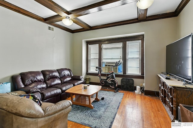 121 N 38th Ave, Omaha, NE 68131 - living area with coffered ceiling, light wood-type flooring, beam ceiling, and cooling unit
