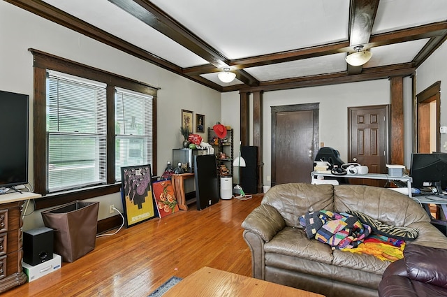 121 N 38th Ave, Omaha, NE 68131 - living room with coffered ceiling, wood finished floors, and beamed ceiling