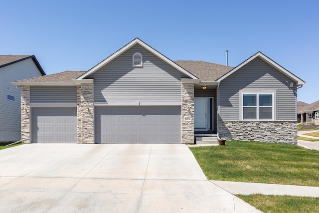 5614 N 177th St, Omaha, NE 68116 - view of front of home with stone siding, a garage, driveway, and roof with shingles