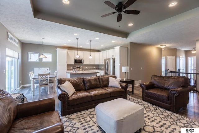 5614 N 177th St, Omaha, NE 68116 - living area featuring baseboards, wood finished floors, ceiling fan, recessed lighting, and a tray ceiling