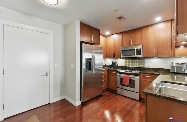 3201 Dodge Ct Unit 5412, Omaha, NE 68131 - kitchen with stainless steel appliances, dark wood finished floors, brown cabinetry, and a sink