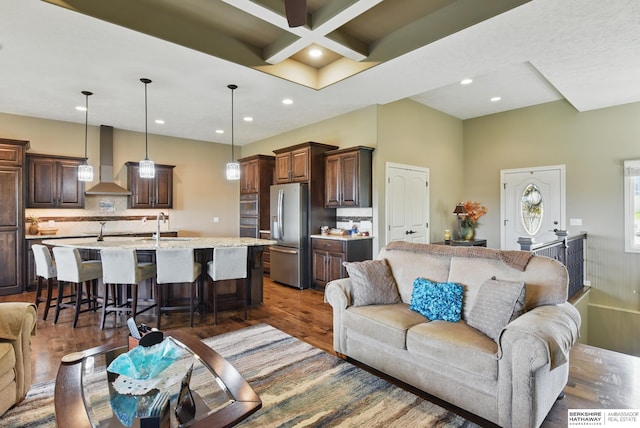 235 N 10th Ave, Springfield, NE 68059 - living room with dark wood finished floors, coffered ceiling, recessed lighting, beam ceiling, and ceiling fan