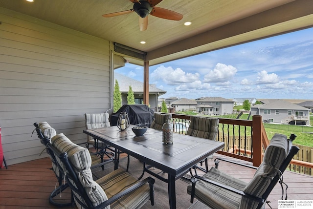 235 N 10th Ave, Springfield, NE 68059 - deck with outdoor dining space, ceiling fan, a residential view, and a grill