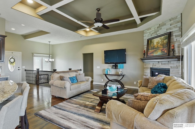 235 N 10th Ave, Springfield, NE 68059 - living area featuring coffered ceiling, dark wood-type flooring, a chandelier, a ceiling fan, and baseboards