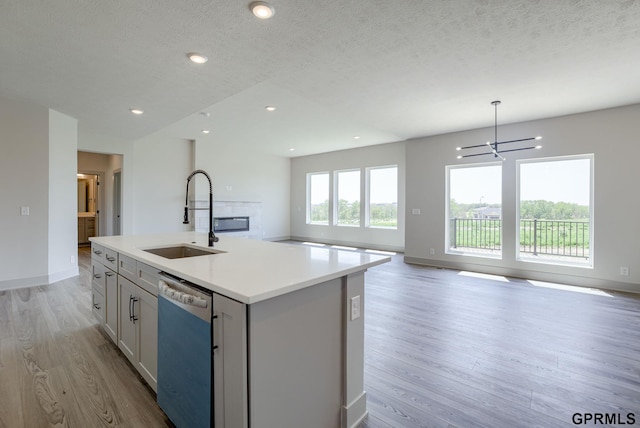 20145 S St, Omaha, NE 68135 - kitchen featuring dishwasher, a sink, a glass covered fireplace, light wood finished floors, and a textured ceiling
