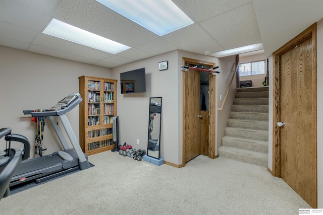 16117 Cottonwood St, Omaha, NE 68136 - exercise area featuring carpet floors, a paneled ceiling, and baseboards