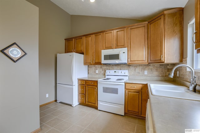 16117 Cottonwood St, Omaha, NE 68136 - kitchen with white appliances, a sink, lofted ceiling, backsplash, and brown cabinetry