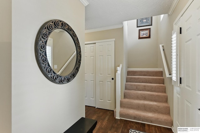 5818 S 159th St, Omaha, NE 68135 - staircase featuring wood finished floors, a textured ceiling, ornamental molding, and healthy amount of natural light
