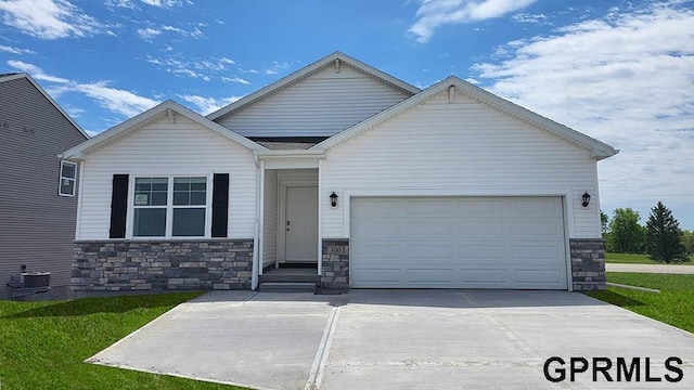 16401 Davidson St, Bennington, NE 68007 - view of front of property with stone siding, driveway, an attached garage, and central AC unit