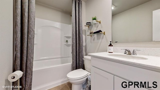 16401 Davidson St, Bennington, NE 68007 - bathroom featuring vanity, toilet, shower / tub combo with curtain, and wood finished floors