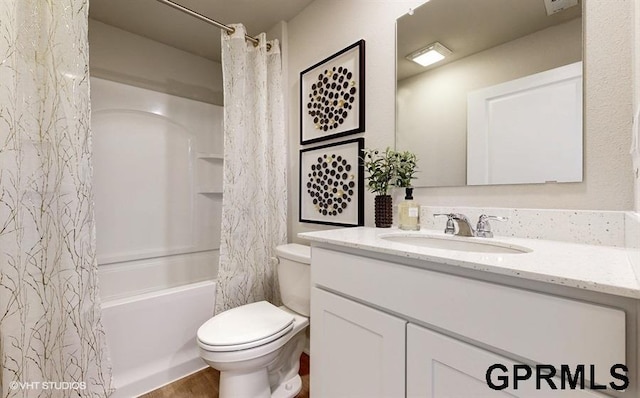 16401 Davidson St, Bennington, NE 68007 - full bathroom featuring vanity, toilet, shower / bathtub combination with curtain, and wood finished floors