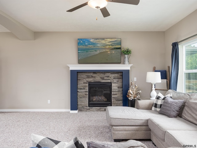 15218 Vane St, Bennington, NE 68007 - carpeted living area with ceiling fan and a fireplace