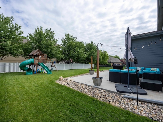 15218 Vane St, Bennington, NE 68007 - fenced backyard featuring an outdoor hangout area, a playground, and a patio area