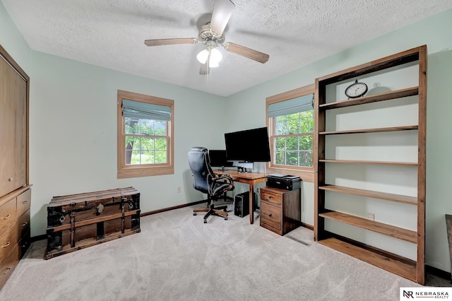 7105 W Davey Rd, Raymond, NE 68428 - office with baseboards, a textured ceiling, a ceiling fan, and carpet floors
