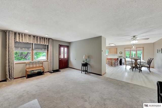 7105 W Davey Rd, Raymond, NE 68428 - foyer entrance featuring a textured ceiling, a ceiling fan, carpet flooring, plenty of natural light, and baseboards