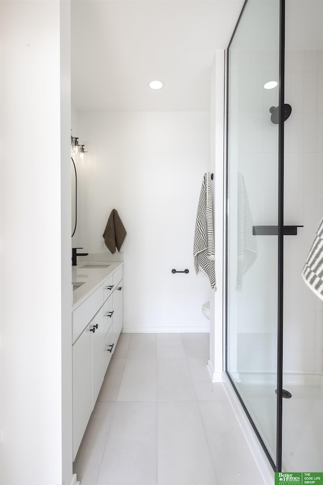 5320 Elmwood Plz, Omaha, NE 68106 - full bath featuring vanity, a stall shower, tile patterned flooring, and toilet