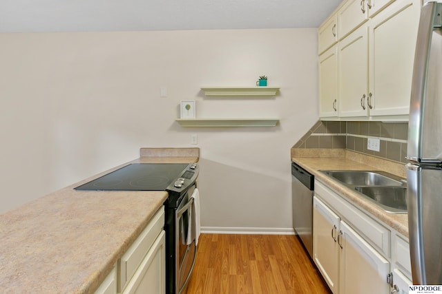 12726 Gail Plz Unit 107, Omaha, NE 68137 - kitchen featuring stainless steel appliances, light wood-style flooring, backsplash, and light countertops