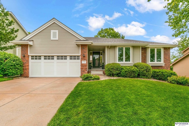 17310 I St, Omaha, NE 68135 - view of front of property featuring concrete driveway, a front yard, brick siding, and an attached garage