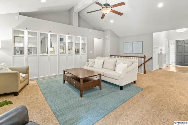 17310 I St, Omaha, NE 68135 - carpeted living area featuring ceiling fan, recessed lighting, beamed ceiling, and high vaulted ceiling