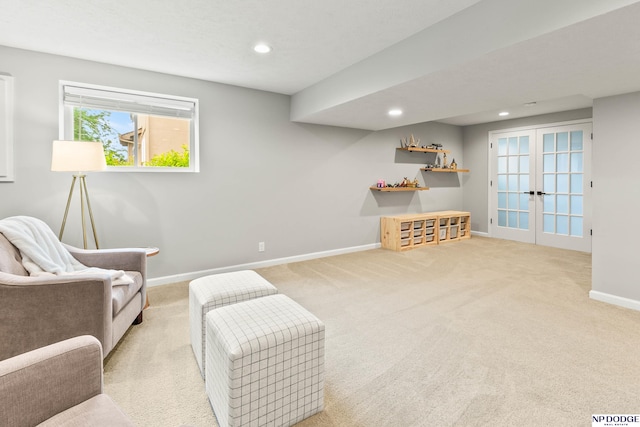 17310 I St, Omaha, NE 68135 - living area featuring baseboards, carpet flooring, recessed lighting, and french doors