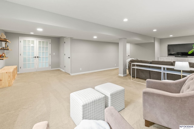17310 I St, Omaha, NE 68135 - living room with light carpet, recessed lighting, french doors, and baseboards