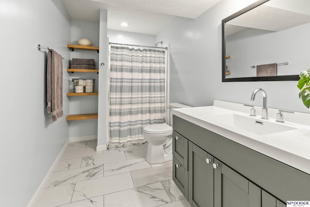 17310 I St, Omaha, NE 68135 - bathroom featuring marble look tile flooring, toilet, vanity, baseboards, and a shower with shower curtain
