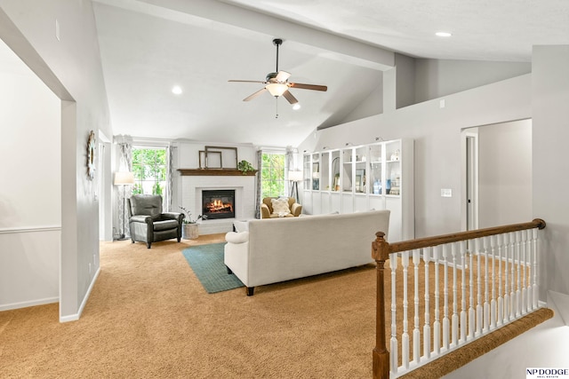17310 I St, Omaha, NE 68135 - carpeted living room featuring ceiling fan, baseboards, a brick fireplace, high vaulted ceiling, and beamed ceiling