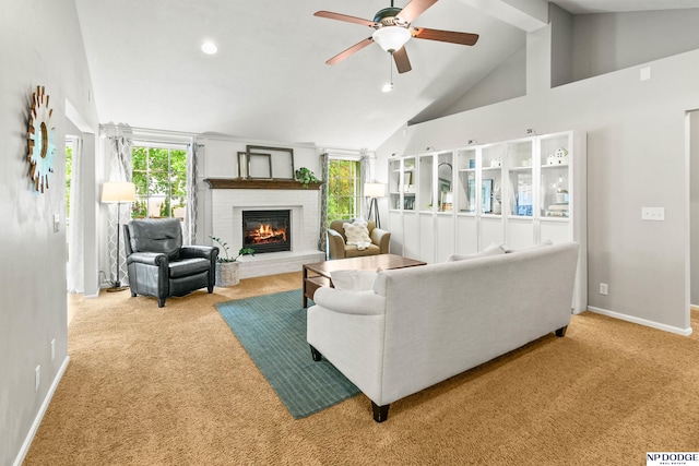 17310 I St, Omaha, NE 68135 - living area with carpet floors, a brick fireplace, high vaulted ceiling, baseboards, and a ceiling fan