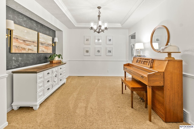 17310 I St, Omaha, NE 68135 - living area featuring a chandelier, light carpet, ornamental molding, and a raised ceiling