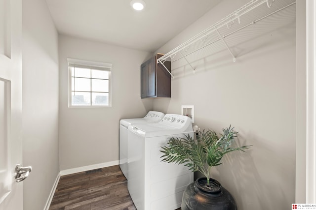 7775 N 149th St, Bennington, NE 68007 - laundry room with washer and dryer, dark wood-style floors, baseboards, cabinet space, and recessed lighting