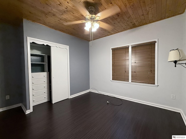 3836 Drexel St, Omaha, NE 68107 - unfurnished bedroom featuring wooden ceiling, dark wood finished floors, baseboards, and a ceiling fan