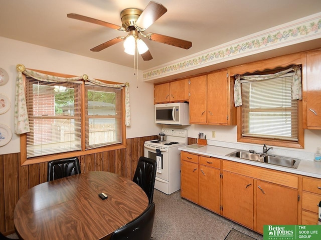 1609 N 71st St, Lincoln, NE 68505 - kitchen featuring white appliances, a sink, a wainscoted wall, light countertops, and wooden walls