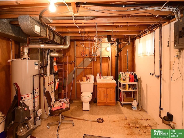 1609 N 71st St, Lincoln, NE 68505 - below grade area with water heater, electric panel, a sink, and light floors