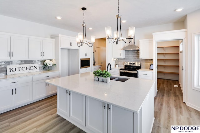 17010 Daniel St, Bennington, NE 68007 - kitchen with stainless steel electric stove, a sink, a chandelier, decorative backsplash, and recessed lighting