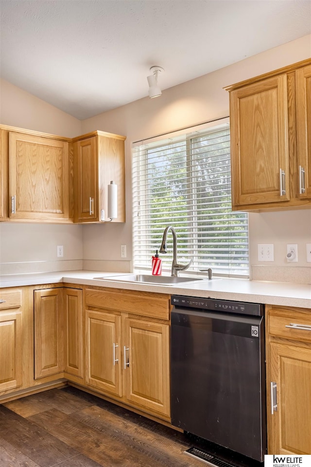 3015 N 144th Ter, Omaha, NE 68116 - kitchen with dishwasher, a sink, dark wood-style floors, light countertops, and vaulted ceiling