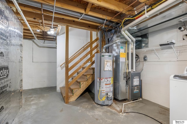 3015 N 144th Ter, Omaha, NE 68116 - unfinished basement featuring gas water heater, washer / dryer, stairs, concrete block wall, and heating unit