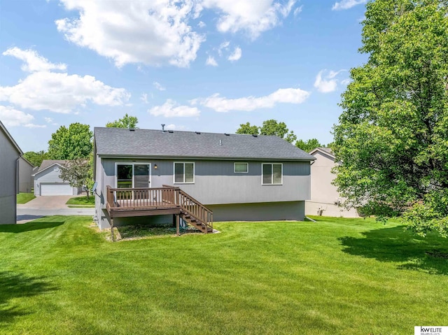 3015 N 144th Ter, Omaha, NE 68116 - rear view of house featuring a wooden deck, stairway, a lawn, and a shingled roof