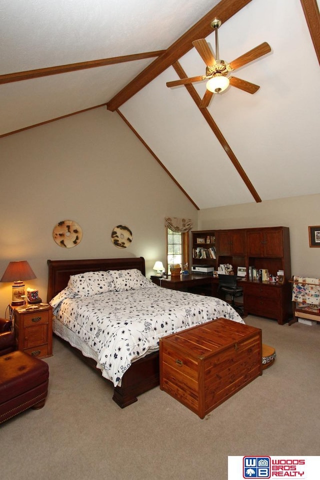 2600 Evergreen Cir, Beatrice, NE 68310 - bedroom featuring carpet, beamed ceiling, a ceiling fan, and high vaulted ceiling